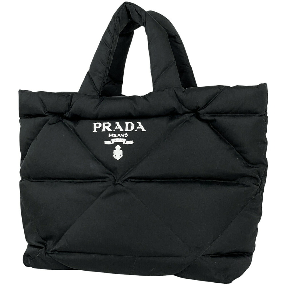 Prada Padded Quilted Tote Bag Logo Plate Tessuto Nero Black